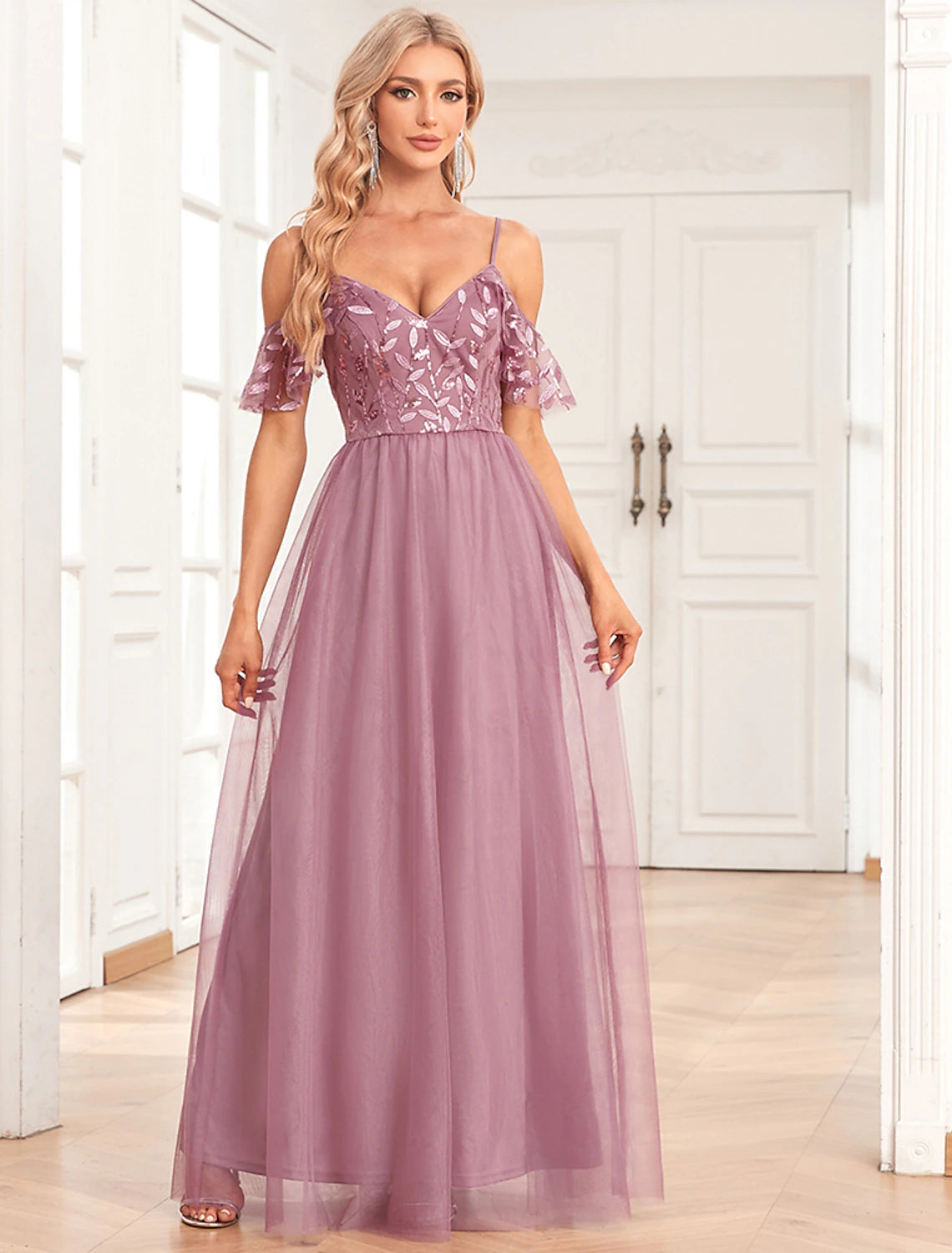 Abito da sera a trapezio, elegante, da sera, da festa, lungo fino al pavimento, senza maniche, con spalline sottili, in tulle, con scollo a V e ricamo di paillettes